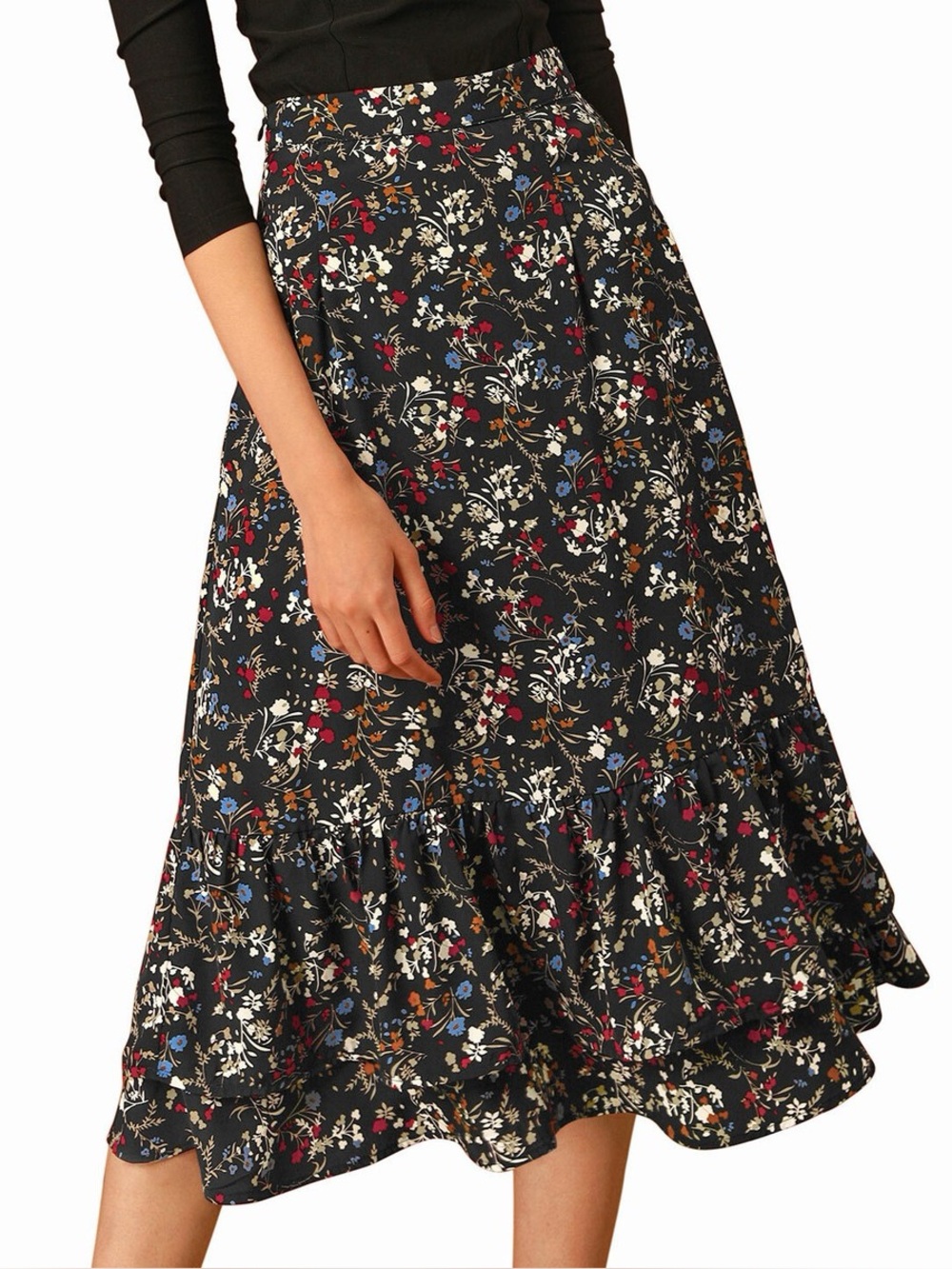Allegra K Floral Tiered Ruffle Midi Skirt Black Floral XS NWT